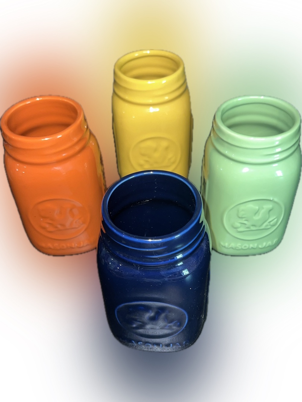 4 assorted ceramic Mason jars: orange/yellow/green/cobalt blue-12oz+